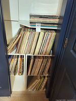 Closet shelves filled with vertically stored LP records