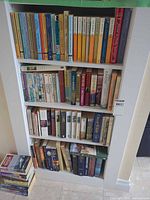 Three-shelf bookcase filled with mixed fiction and classics; additional stack on floor