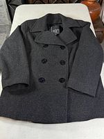 Full view of gray charcoal pea coat front showing overall condition