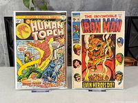 Front view of both bagged comic books on stands