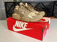 Pair of tan camo Nike Air Huarache Run shoes on box