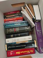 Top view of box showing mix of Bibles and study books