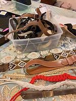 Plastic bin with numerous leather and braided belts plus several laid out in front
