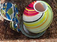 Vase, spoon rest, glass plate and basket grouped together