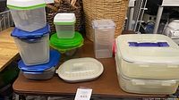 Full group view showing variety of containers and tray