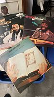 Three LPs on top of blue tote showing gospel and soul titles