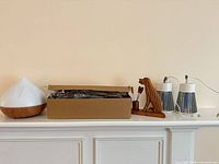 Diffuser, open box with skewer set, carved wood figurine, two bug zappers on mantel
