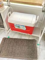Cooler on shelf with mat in front giving full view of both items