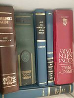 Spines of six assorted hardcovers including Builder’s Guide, Daniel Revelation, two Lockyer titles, Liberty Commentary