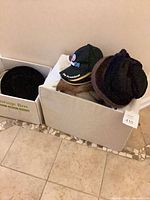 Two boxes containing various hats and caps
