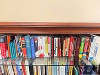 Wide view of entire shelf showing variety and quantity of books