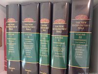 Spine view of five hardcover commentary volumes I, II, XII, X, III from The New Interpreter's Bible series