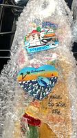 Bundle of multiple resin fridge magnets wrapped in bubble wrap, San Diego magnet visible