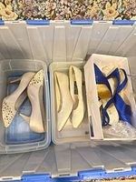 Bin with ivory lace-cutout pumps, ivory satin pumps and royal-blue strappy heels in boxes