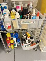 Top shelf plastic bin of assorted cleaners showing Goof Off, Hot Shot and other bottles