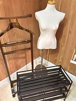Dress form, valet stand and shoe rack grouped