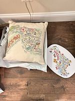 Pillow and platter showing Maryland map graphics