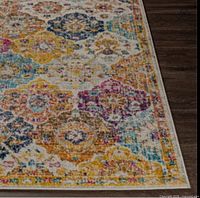 Corner view of multicolor medallion rug showing pattern and edging