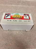 Exterior of white cardboard storage box with Score NHL Hockey Series 1 label and handwritten note