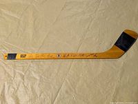 Full view of Bruins mini stick showing blade and autographs