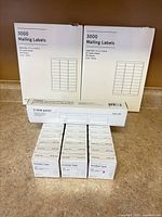 Front view of all items: two label boxes, three tape packs, one 3-hole punch box