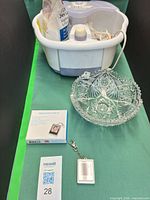 All three items: foot spa with Epsom salt bag, cut crystal bowl, digital photo keychain with box