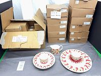 Wide shot of stacked Delphi boxed dinnerware with sample pieces displayed