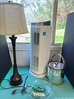 Overall lot showing lamp, purifier, ice bucket, glass bowl