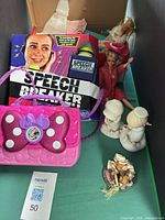 Overview showing Speech Breaker game, Minnie handbag, Barbie doll, Precious Moments figurines, small resin figurine
