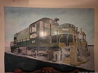 Full view of acrylic painting showing green locomotive