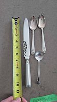 Set overview with tape measure showing relative lengths of knife, two spoons and ladle