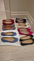 Seven pairs laid out showing color assortment and scalloped edges