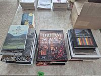 Top view showing three stacks of large hardcover books on table