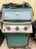 Front view of green Napoleon propane gas grill showing control panel and knobs