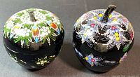Both lacquered wooden apple trinket boxes side by side, showing overall design and size