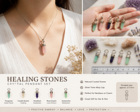 Lifestyle and product sheet showing all five pendants, size reference, and usage examples