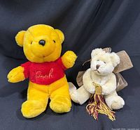 Front view of Disney Winnie the Pooh plush bear and cream angel bear with wings and tassel