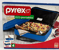 Box showing Pyrex Portables blue casserole carrier with dish example