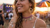 Model wearing the choker with five charms and hoop earring visible