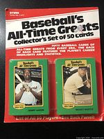 Front of sealed Baseball's All-Time Greats 50-card set showing Henry Aaron and Mickey Mantle cards and packaging details