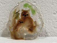 Front view of clear glass owl figurine showing painted details and overall condition