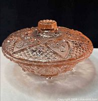 Overall view of pink pressed glass covered candy dish showing lid, pattern and feet