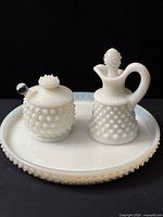 Entire set on tray showing cruet, jar, spoon, overall condition