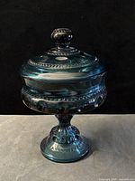 Covered teal blue Kings Crown compote with lid on pedestal