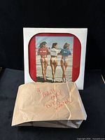 Framed picture and paper bag holding DVDs