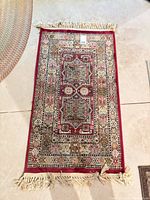 Full view of Beluchi accent rug showing pattern and fringe