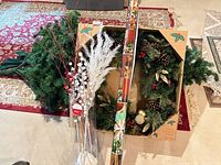 Artificial tree sections, wreath box, branch sprays, wrapping paper