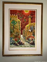 Full view of framed lithograph with mat and frame