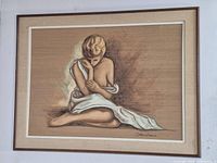 Full view of framed pastel drawing showing artwork, mat and frame