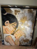 Full view of the signed mixed-media painting showing figure, metallic background and text